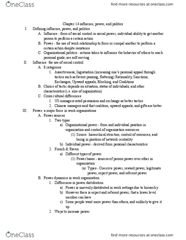 PSY BEH 185S Chapter Notes - Chapter 14: Centrality, Ingratiation, Major Force thumbnail