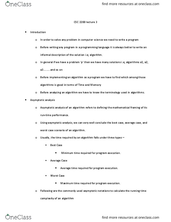 CSC 2200 Lecture Notes - Lecture 3: Big O Notation, Asymptotic Analysis thumbnail