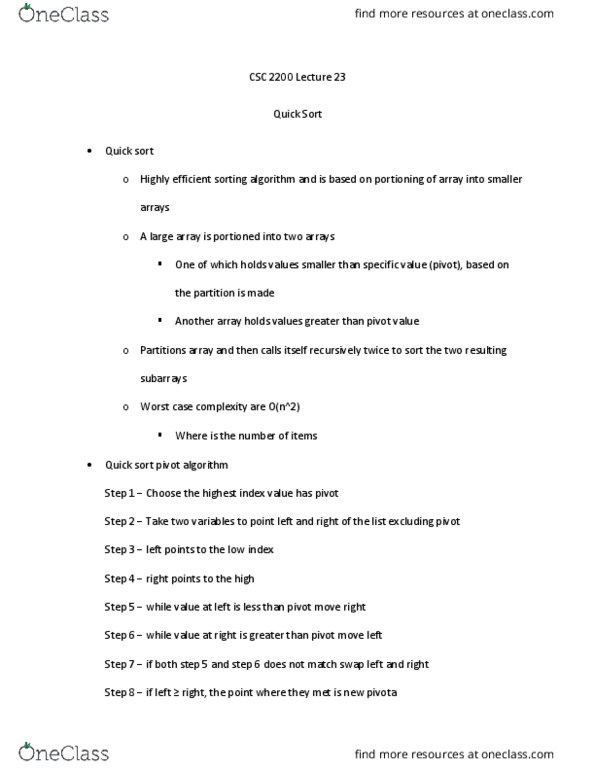 CSC 2200 Lecture Notes - Lecture 23: Quicksort, Sorting Algorithm, Pseudocode thumbnail