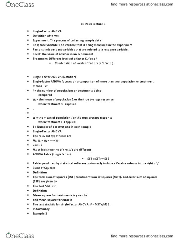 B E 2100 Lecture Notes - Lecture 9: Null Hypothesis, Complement Factor B, List Of Statistical Packages thumbnail