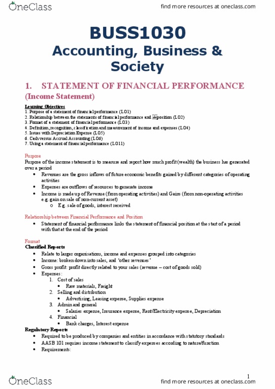 BUSS1030 Lecture Notes - Lecture 1: Gross Profit, Financial Statement, Revenue Recognition thumbnail