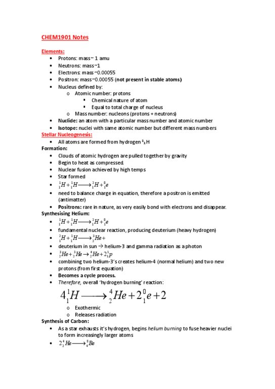 CHEM1901 Lecture Notes - Lecture 1: Triple-Alpha Process, Nucleosynthesis, Hydrogen Atom thumbnail