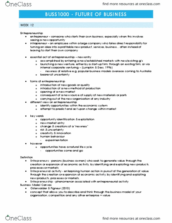 BUSS1000 Lecture Notes - Lecture 12: Business Model Canvas, Bloomberg Businessweek, Intrapreneurship thumbnail