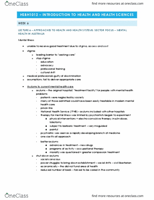 HSBH1012 Lecture Notes - Lecture 6: Passive Treatment System, Psychoeducation, Clinical Psychology thumbnail