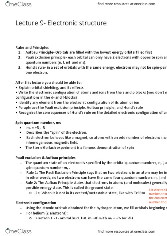 CHEM1111 Lecture Notes - Lecture 9: Pauli Exclusion Principle, Aufbau Principle, Electron Configuration thumbnail