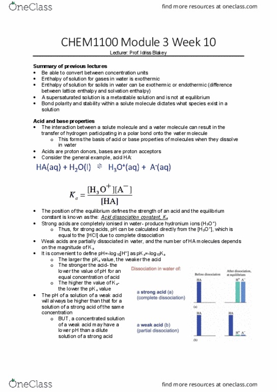 CHEM1100 Lecture Notes - Lecture 10: Acid Dissociation Constant, Lattice Energy, Supersaturation thumbnail