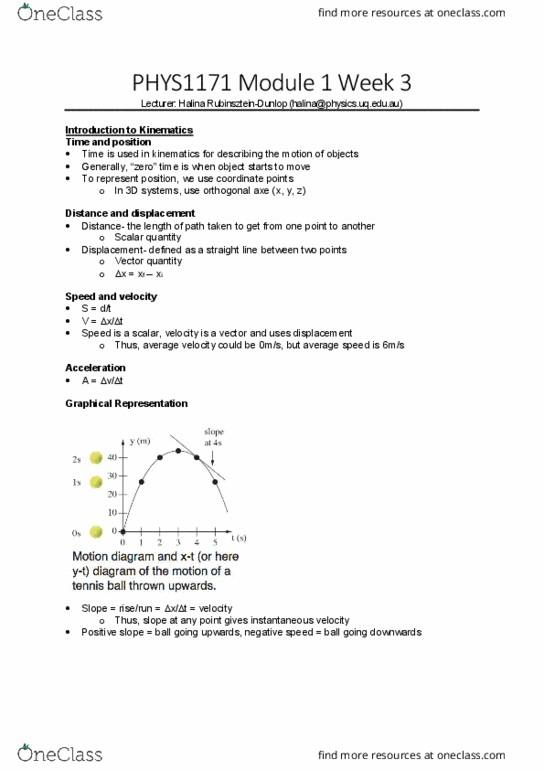 PHYS1171 Lecture Notes - Lecture 3: 3D Systems, Projectile Motion thumbnail