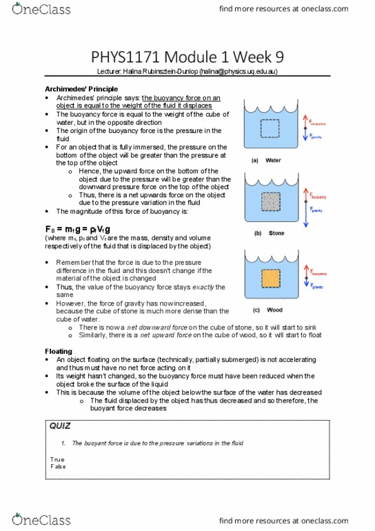 PHYS1171 Lecture Notes - Lecture 9: Net Force, The Fluid, Blood Pressure thumbnail