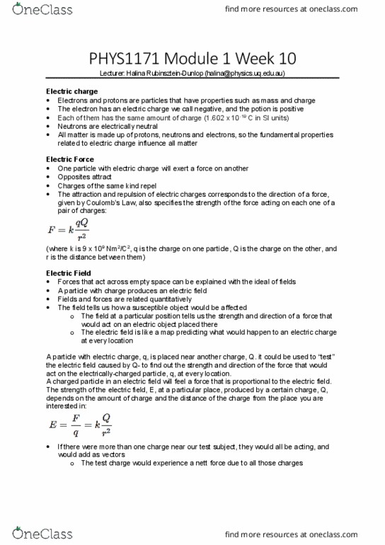 PHYS1171 Lecture Notes - Lecture 10: Electric Charge, Electric Field, Test Particle thumbnail