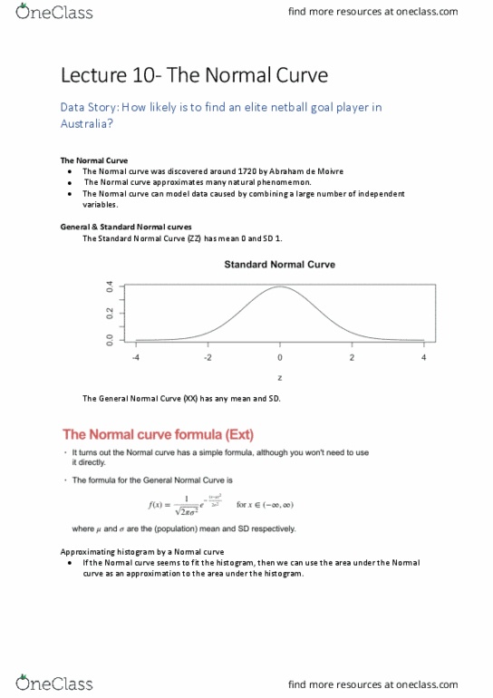 DATA1001 Lecture Notes - Lecture 10: Normal Distribution, Normality Test thumbnail