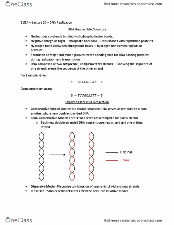 BIS 2A Lecture Notes - Lecture 20: Phosphodiester Bond, Semiconservative Replication, Piecewise thumbnail