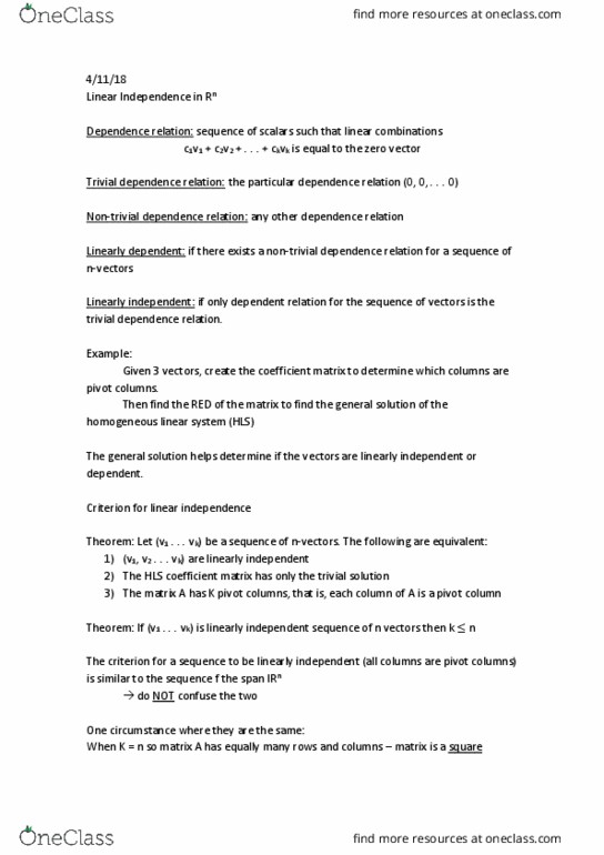 MATH 21 Lecture Notes - Lecture 5: Coefficient Matrix, Linear Combination, Subsequence thumbnail