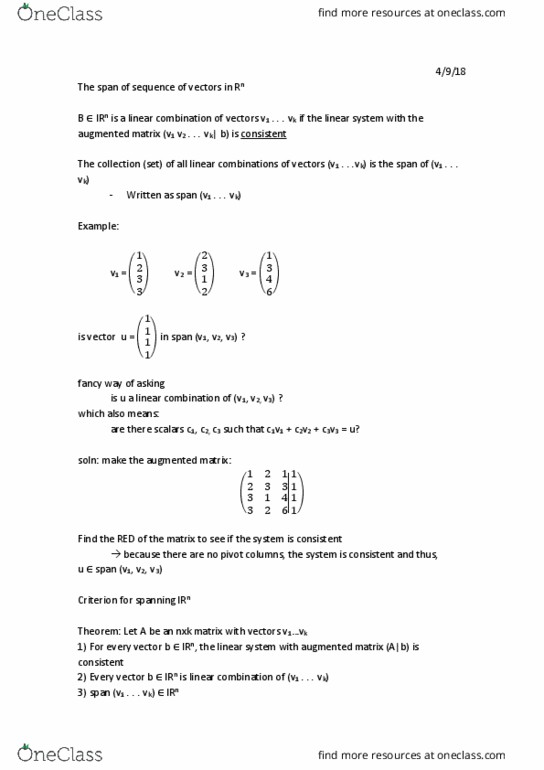 MATH 21 Lecture Notes - Lecture 4: Augmented Matrix, Linear Combination, Linear System thumbnail