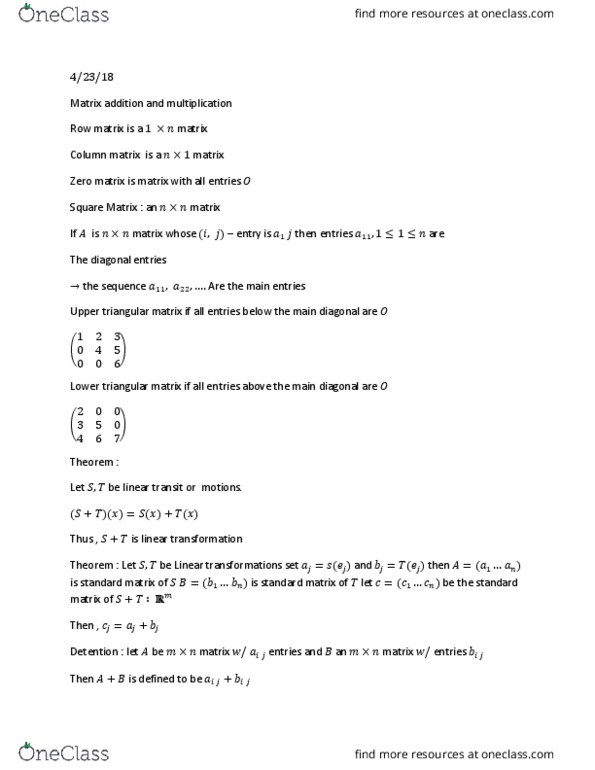 MATH 21 Lecture Notes - Lecture 10: Triangular Matrix, Main Diagonal, Matrix Addition thumbnail