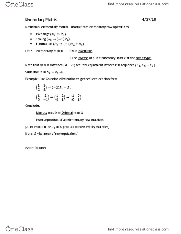 MATH 21 Lecture Notes - Lecture 12: Row Echelon Form, Elementary Matrix, Gaussian Elimination thumbnail