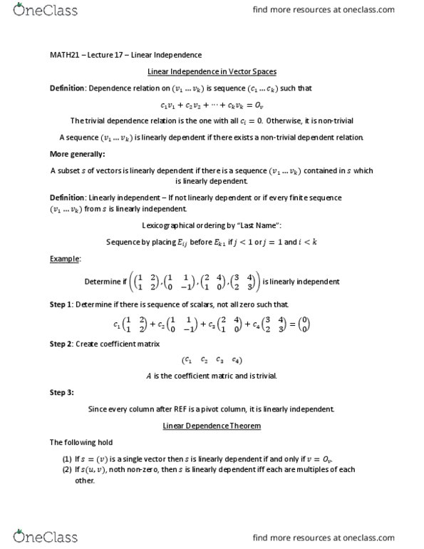 MATH 21 Lecture Notes - Lecture 17: Linear Independence, Coefficient Matrix, If And Only If thumbnail