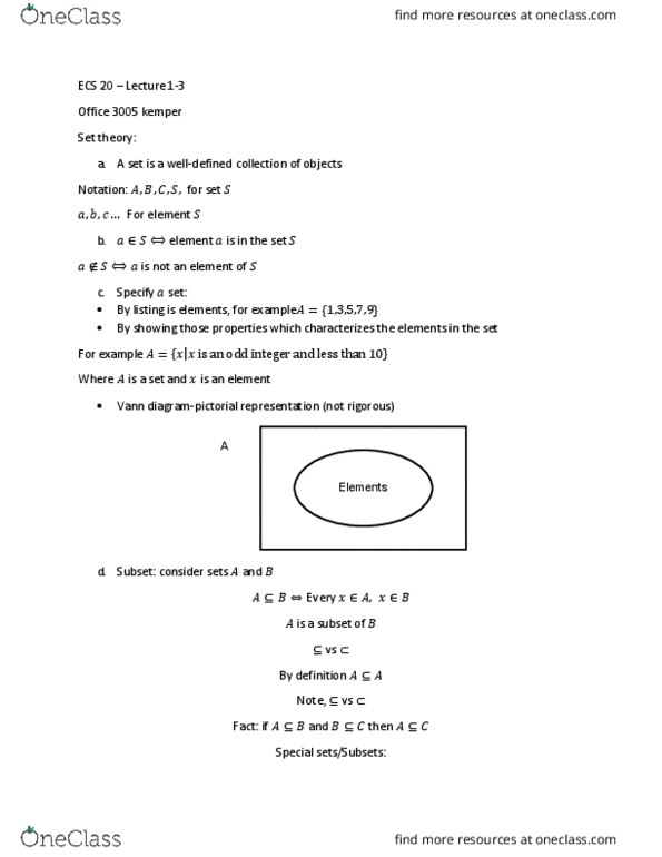 ECS 20 Lecture Notes - Lecture 1: Venn Diagram, Set Theory, Universal Set thumbnail