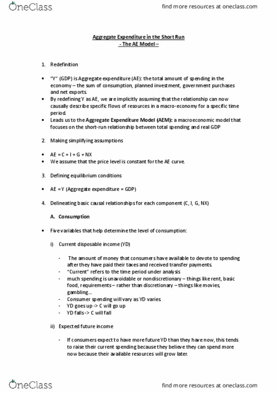 ECON1102 Lecture Notes - Lecture 9: Macroeconomic Model, Disposable And Discretionary Income, Ceteris Paribus thumbnail