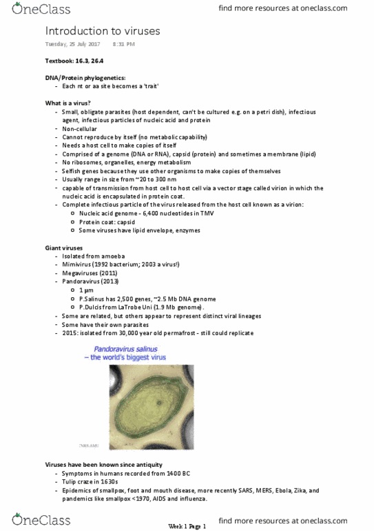 BIOL10003 Lecture Notes - Lecture 2: Tobacco Mosaic Virus, Petri Dish, Pandoravirus thumbnail