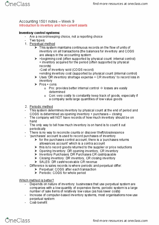 ACCT1501 Lecture Notes - Lecture 4: Debits And Credits, Inventory Control, Internal Control thumbnail