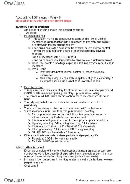 ACCT1501 Lecture Notes - Lecture 9: Debits And Credits, Inventory Control, Internal Control thumbnail