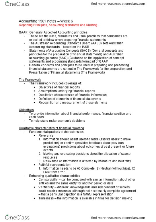 ACCT1501 Lecture Notes - Lecture 6: Cash Flow Statement, Financial Statement, Historical Cost thumbnail