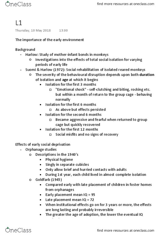 PSYC1001 Lecture Notes - Lecture 1: 6 Years, El Al, Abecedarian Early Intervention Project thumbnail