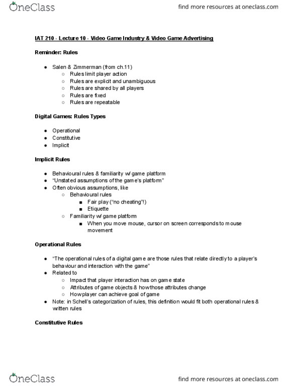 IAT 210 Lecture Notes - Lecture 10: Candy Crush Saga, Dungeon Fighter Online, Programming Game thumbnail