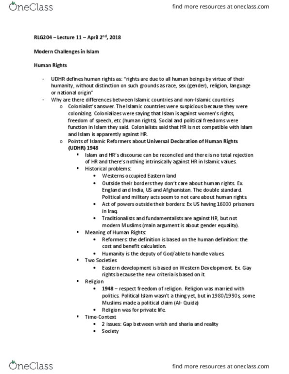 RLG205H5 Lecture Notes - Lecture 11: Islamism, Al-Qaeda, Universal Declaration Of Human Rights thumbnail