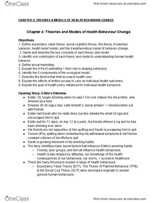 Psychology 2036A/B Chapter Notes - Chapter 4: Health Belief Model, Social Cognitive Theory, Transtheoretical Model thumbnail
