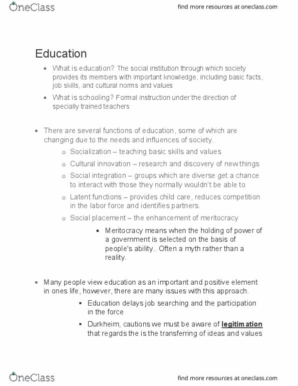 SOC-1101 Lecture Notes - Lecture 17: Positive Element, Meritocracy, Social Integration thumbnail