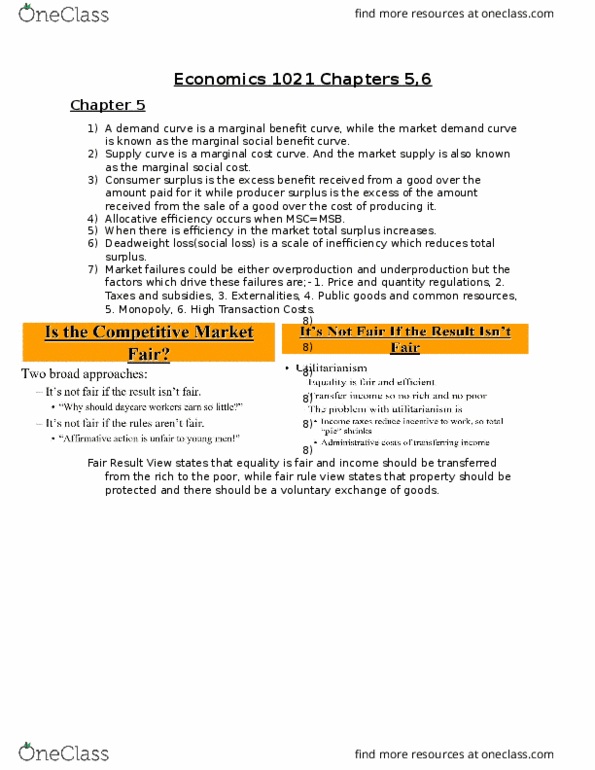 Economics 1021A/B Lecture Notes - Lecture 5: Deadweight Loss, Economic Surplus, Demand Curve thumbnail