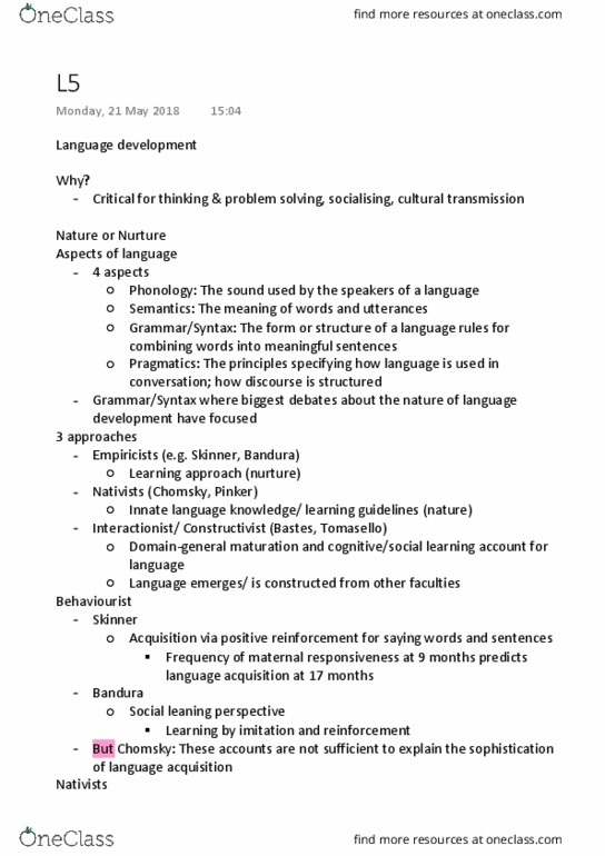 PSYC1001 Lecture Notes - Lecture 5: Language Acquisition Device, Noam Chomsky, Steven Pinker thumbnail