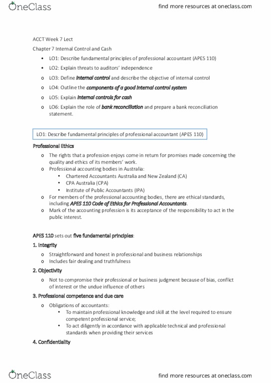 ACCT1501 Lecture Notes - Lecture 7: Cpa Australia, Accountant, Bank Reconciliation thumbnail