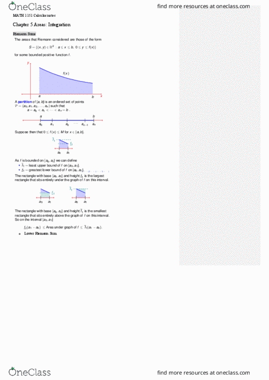 MATH1151 Chapter Notes - Chapter 5: Riemann Sum, Riemann Integral, Upper And Lower Bounds thumbnail