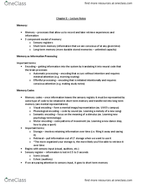 Psychology 1000 Lecture Notes - Lecture 8: Long-Term Memory, Echoic Memory, Implicit Memory thumbnail