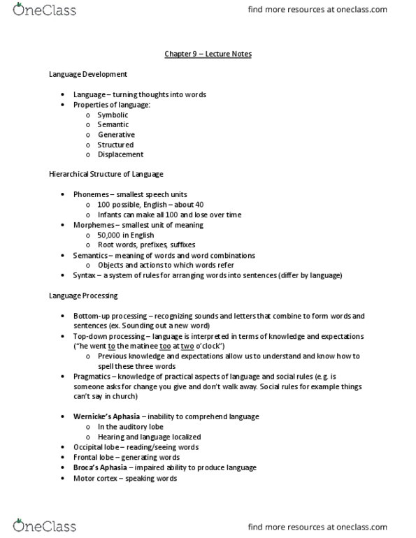 Psychology 1000 Lecture Notes - Lecture 9: Occipital Lobe, Frontal Lobe, Aphasia thumbnail