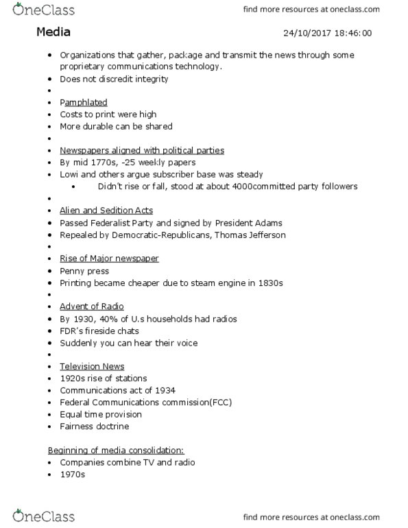 POLSC 11000 Lecture Notes - Lecture 12: Federal Communications Commission, Fireside Chats, Penny Press thumbnail