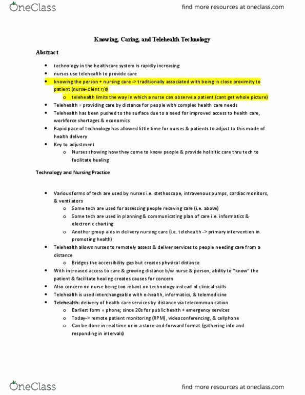 Nursing 1060A/B Chapter Notes - Chapter 5: Remote Patient Monitoring, Telehealth, Telemedicine thumbnail