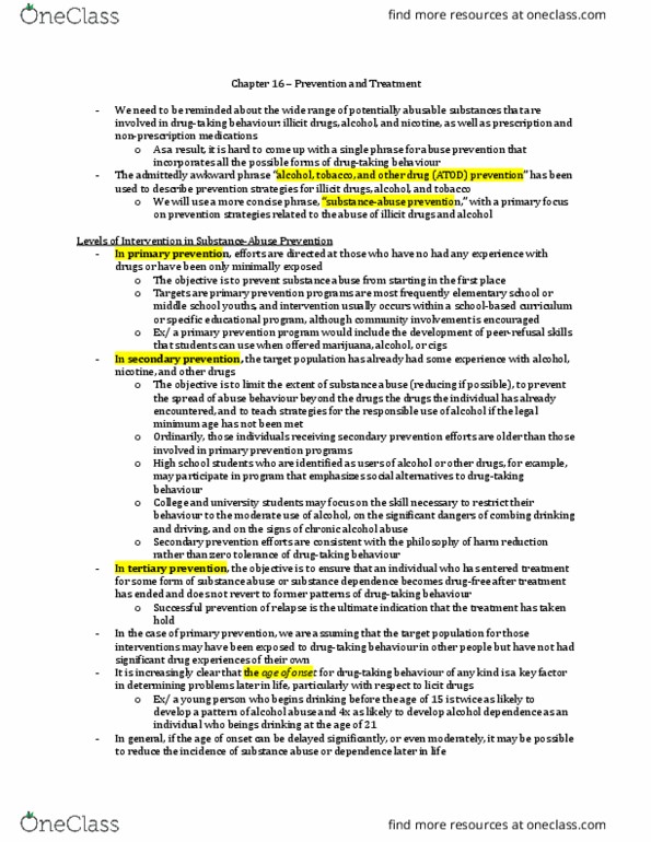 Psychology 2020A/B Chapter Notes - Chapter 16: Substance Dependence, Harm Reduction, Nicotine thumbnail