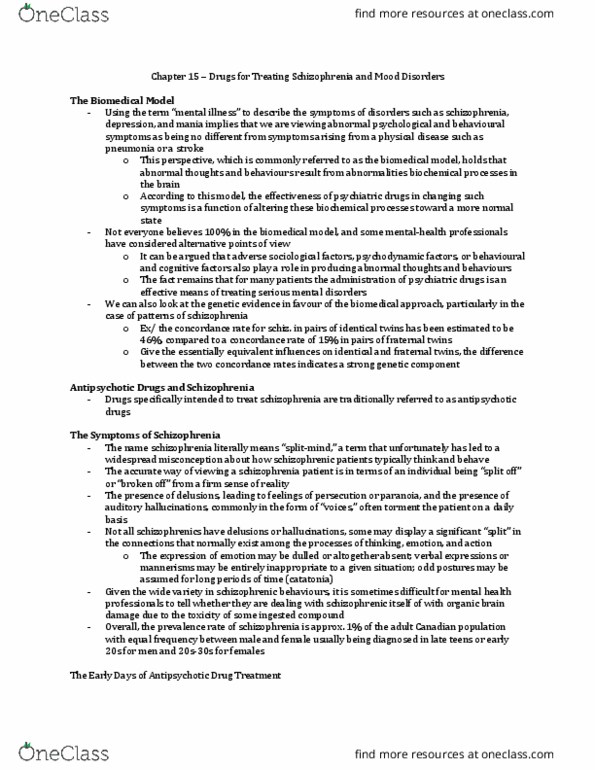 Psychology 2020A/B Chapter Notes - Chapter 15: Tardive Dyskinesia, Typical Antipsychotic, Atypical Antipsychotic thumbnail