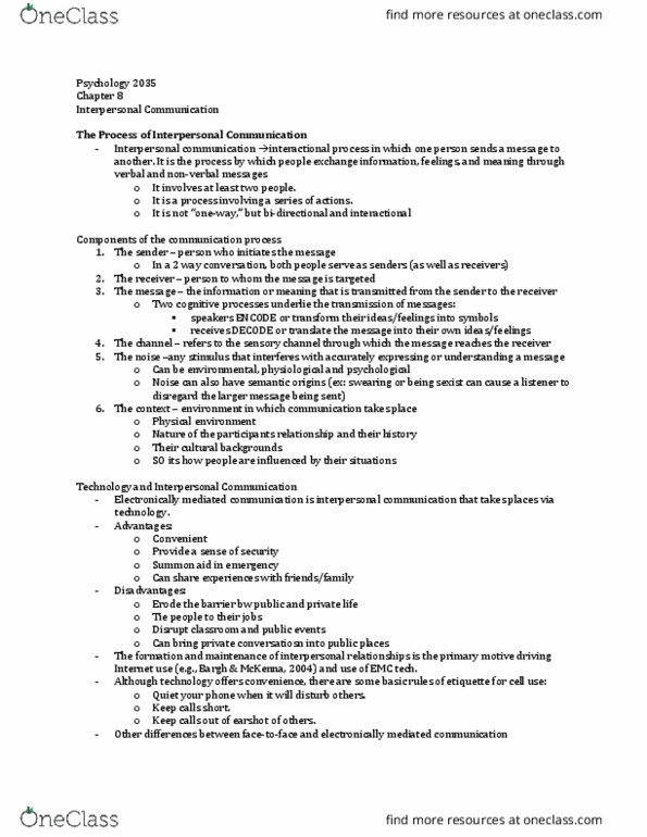 Psychology 2035A/B Chapter Notes - Chapter 8: Computer-Mediated Communication, Nonverbal Communication, Internet Privacy thumbnail
