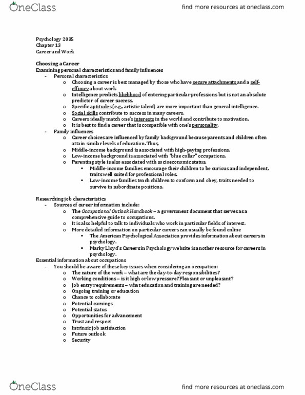 Psychology 2035A/B Chapter Notes - Chapter 13: Occupational Outlook Handbook, American Psychological Association, Job Satisfaction thumbnail