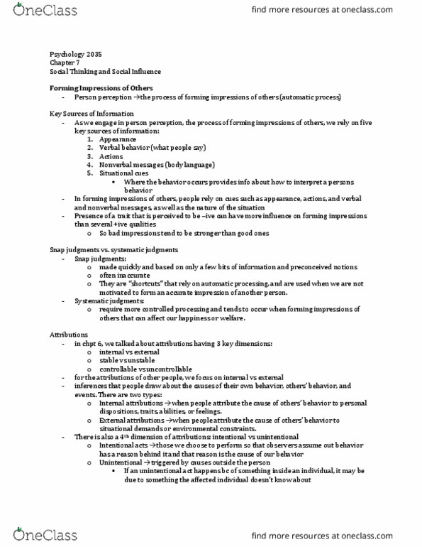 Psychology 2035A/B Chapter Notes - Chapter 7: In-Group Favoritism, Confirmation Bias, Social Perception thumbnail