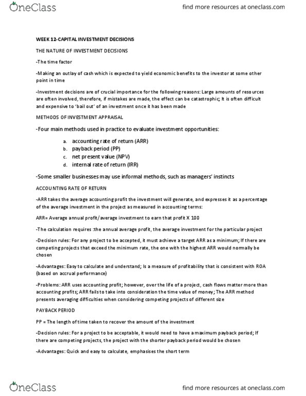 ACFI1001 Lecture Notes - Lecture 12: Net Present Value, Decision Rule, Cash Flow thumbnail