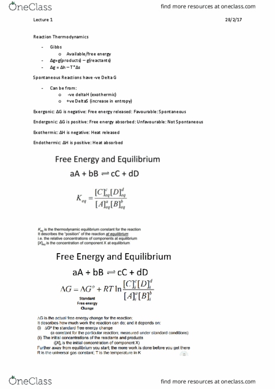 BCMB20002 Lecture Notes - Lecture 1: Endergonic Reaction, Exergonic Process, Thermodynamics thumbnail