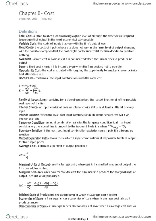 ECON 2310 Chapter Notes - Chapter 8: Marginal Cost, Isocost, Tangent thumbnail