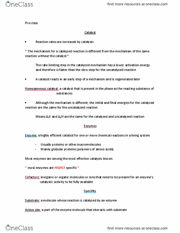 CHEM 104 Lecture Notes - Lecture 10: Reaction Mechanism, Activation Energy, Enzyme thumbnail