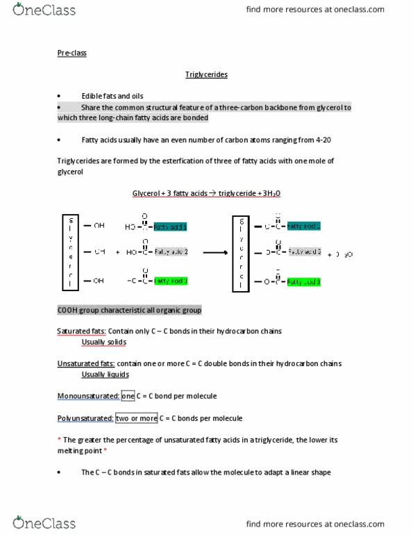 CHEM 104 Lecture Notes - Lecture 4: Saponification, Glycerol, Triglyceride thumbnail