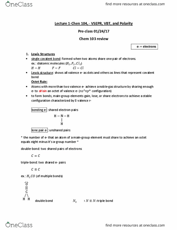 CHEM 104 Lecture Notes - Lecture 1: Chemical Polarity, Electron Shell, Lone Pair thumbnail